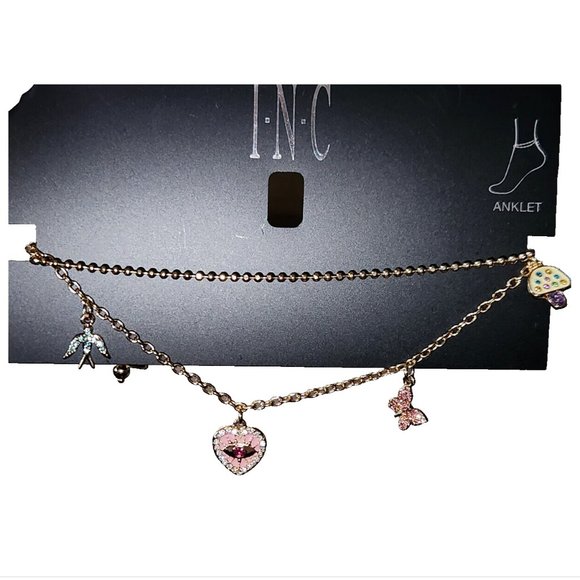 INC Set Of Two Gold Tone Anklets Ankle Bracelets, Beaded, Charms, Evil Eye - Picture 1 of 4